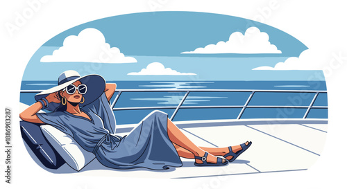 Vector illustration of a glamorous woman relaxing on a luxury yacht deck, enjoying premium summer vacation lifestyle with ocean breeze and stylish elegance in flat vector design