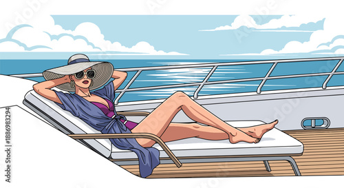Vector illustration of a glamorous woman relaxing on a luxury yacht deck, enjoying premium summer vacation lifestyle with ocean breeze and stylish elegance in flat vector design