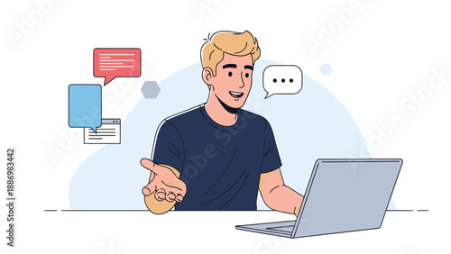 Friendly young man sitting at his laptop computer and talking while various social media icons float in the background.