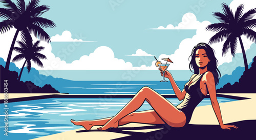 Vector illustration of a stylish woman lounging beside an infinity pool with ocean view, symbolizing luxury summer leisure and high-end resort lifestyle in flat vector style
