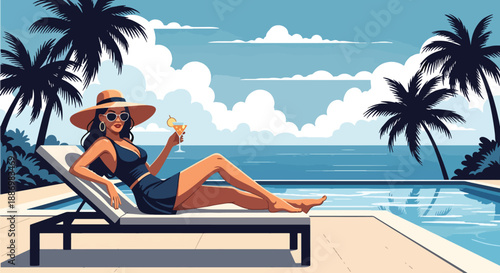 Vector illustration of a stylish woman lounging beside an infinity pool with ocean view, symbolizing luxury summer leisure and high-end resort lifestyle in flat vector style