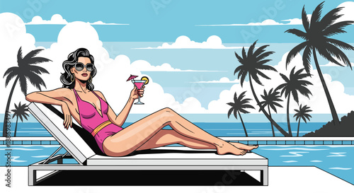 Vector illustration of a stylish woman lounging beside an infinity pool with ocean view, symbolizing luxury summer leisure and high-end resort lifestyle in flat vector style