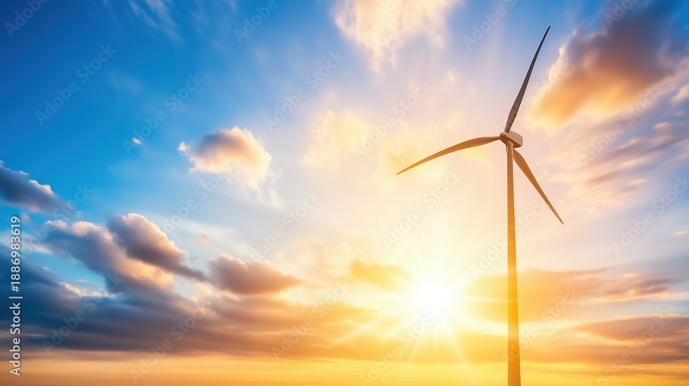 Obraz premium Wind turbine silhouetted against a vibrant sunset sky with sun rays and clouds
