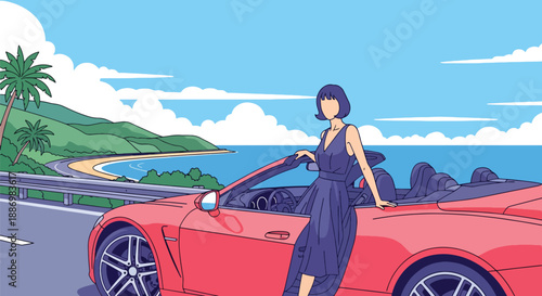 Vector illustration of a fashionable woman stepping from a luxury convertible car on a coastal road, capturing premium travel lifestyle and summer freedom in flat vector style