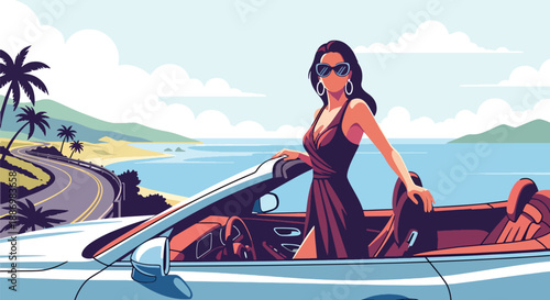 Vector illustration of a fashionable woman stepping from a luxury convertible car on a coastal road, capturing premium travel lifestyle and summer freedom in flat vector style