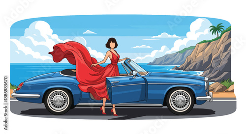 Vector illustration of a fashionable woman stepping from a luxury convertible car on a coastal road, capturing premium travel lifestyle and summer freedom in flat vector style