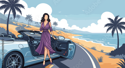 Vector illustration of a fashionable woman stepping from a luxury convertible car on a coastal road, capturing premium travel lifestyle and summer freedom in flat vector style