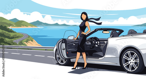Vector illustration of a fashionable woman stepping from a luxury convertible car on a coastal road, capturing premium travel lifestyle and summer freedom in flat vector style