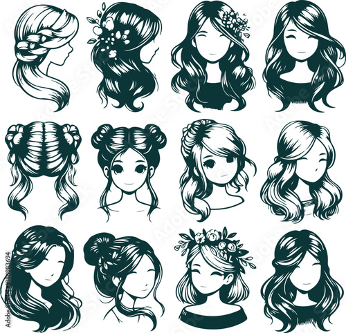 Manga Style Bridal Updos, Elegant Braids, and Floral Hair Accessories for Characters