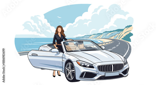 Vector illustration of a fashionable woman stepping from a luxury convertible car on a coastal road, capturing premium travel lifestyle and summer freedom in flat vector style