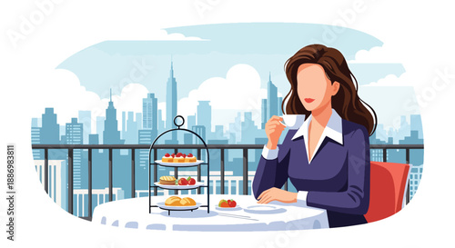Vector illustration of a chic woman enjoying afternoon tea on a rooftop terrace with skyline view, reflecting luxury summer leisure and refined lifestyle in flat vector style