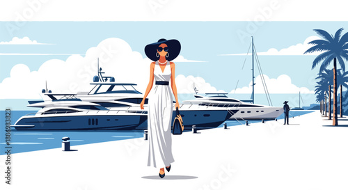 Vector illustration of a glamorous woman strolling along a marina promenade with luxury boats, expressing premium summer vacation mood in flat vector style