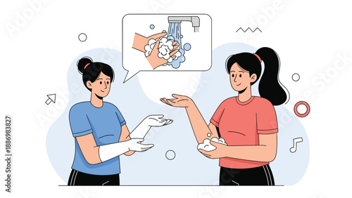 Two young women in athletic wear talking to each other with a thought bubble showing the correct way to wash hands.