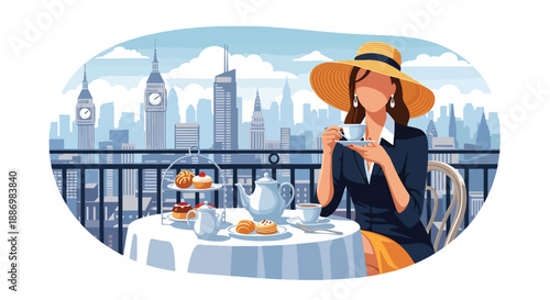 Vector illustration of a chic woman enjoying afternoon tea on a rooftop terrace with skyline view, reflecting luxury summer leisure and refined lifestyle in flat vector style