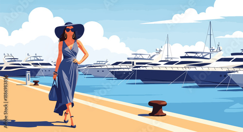 Vector illustration of a glamorous woman strolling along a marina promenade with luxury boats, expressing premium summer vacation mood in flat vector style