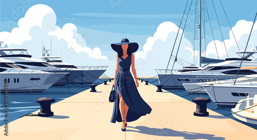 Vector illustration of a glamorous woman strolling along a marina promenade with luxury boats, expressing premium summer vacation mood in flat vector style
