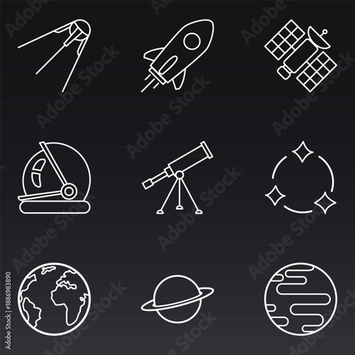 Vector Set of Black Outline Space Icons.
