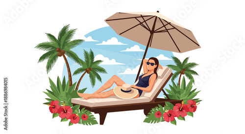 Vector illustration of a stylish woman relaxing on a sun lounger at a five-star resort, highlighting luxury summer relaxation in flat vector style