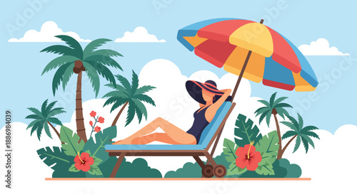 Vector illustration of a stylish woman relaxing on a sun lounger at a five-star resort, highlighting luxury summer relaxation in flat vector style