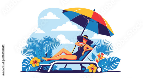 Vector illustration of a stylish woman relaxing on a sun lounger at a five-star resort, highlighting luxury summer relaxation in flat vector style