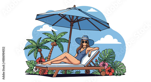 Vector illustration of a stylish woman relaxing on a sun lounger at a five-star resort, highlighting luxury summer relaxation in flat vector style
