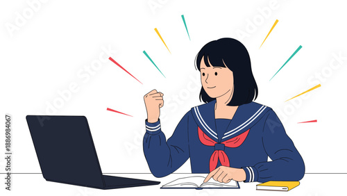 Determined schoolgirl in a sailor uniform celebrating her study progress with a fist pump while working on a laptop.