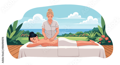 Vector illustration of a woman enjoying outdoor spa treatment with ocean view, symbolizing premium wellness and luxury summer lifestyle in flat vector style