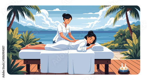Vector illustration of a woman enjoying outdoor spa treatment with ocean view, symbolizing premium wellness and luxury summer lifestyle in flat vector style
