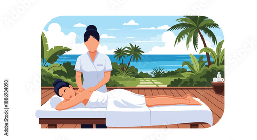 Vector illustration of a woman enjoying outdoor spa treatment with ocean view, symbolizing premium wellness and luxury summer lifestyle in flat vector style