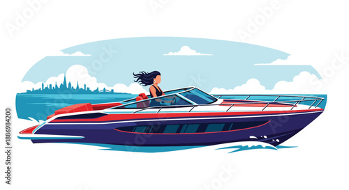 Vector illustration of a stylish woman enjoying a private boat ride on open sea, representing freedom and luxury summer adventure in flat vector style