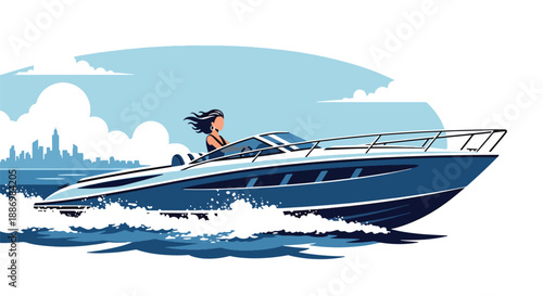 Vector illustration of a stylish woman enjoying a private boat ride on open sea, representing freedom and luxury summer adventure in flat vector style