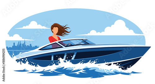 Vector illustration of a stylish woman enjoying a private boat ride on open sea, representing freedom and luxury summer adventure in flat vector style