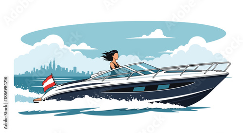 Vector illustration of a stylish woman enjoying a private boat ride on open sea, representing freedom and luxury summer adventure in flat vector style
