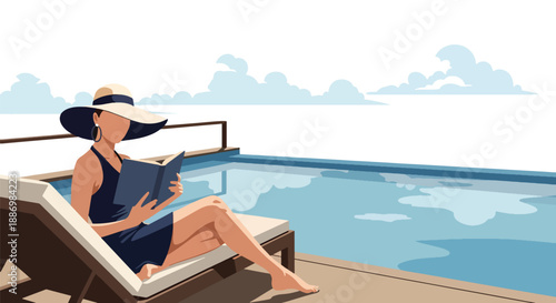 Vector illustration of a stylish woman reading on a private villa terrace with infinity pool, symbolizing calm luxury summer leisure in flat vector style