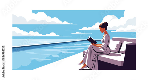 Vector illustration of a stylish woman reading on a private villa terrace with infinity pool, symbolizing calm luxury summer leisure in flat vector style