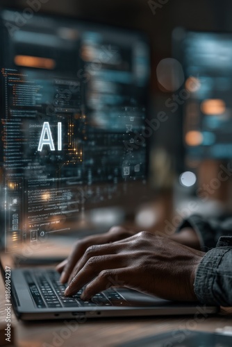 Person typing on laptop with AI data display and futuristic coding interface