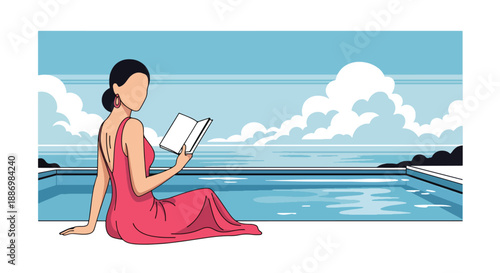 Vector illustration of a stylish woman reading on a private villa terrace with infinity pool, symbolizing calm luxury summer leisure in flat vector style