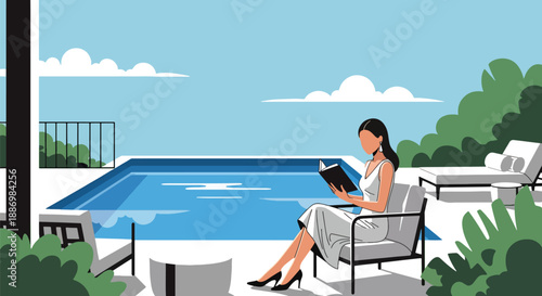 Vector illustration of a stylish woman reading on a private villa terrace with infinity pool, symbolizing calm luxury summer leisure in flat vector style