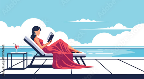 Vector illustration of a stylish woman reading on a private villa terrace with infinity pool, symbolizing calm luxury summer leisure in flat vector style
