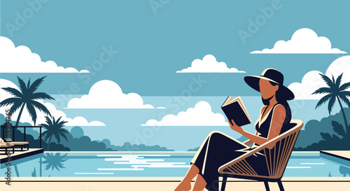 Vector illustration of a stylish woman reading on a private villa terrace with infinity pool, symbolizing calm luxury summer leisure in flat vector style