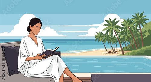 Vector illustration of a stylish woman reading on a private villa terrace with infinity pool, symbolizing calm luxury summer leisure in flat vector style