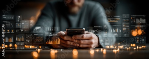 Person using a smartphone with futuristic holographic dashboards and data visuals in the background