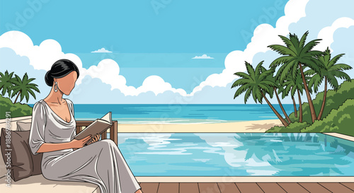 Vector illustration of a stylish woman reading on a private villa terrace with infinity pool, symbolizing calm luxury summer leisure in flat vector style