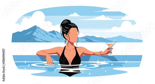 Vector illustration of a woman relaxing in a heated outdoor spa pool with ocean horizon, symbolizing luxury wellness lifestyle in flat vector style