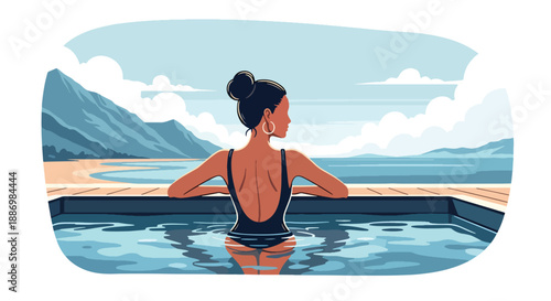 Vector illustration of a woman relaxing in a heated outdoor spa pool with ocean horizon, symbolizing luxury wellness lifestyle in flat vector style