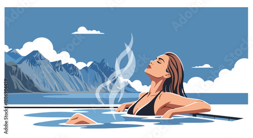 Vector illustration of a woman relaxing in a heated outdoor spa pool with ocean horizon, symbolizing luxury wellness lifestyle in flat vector style