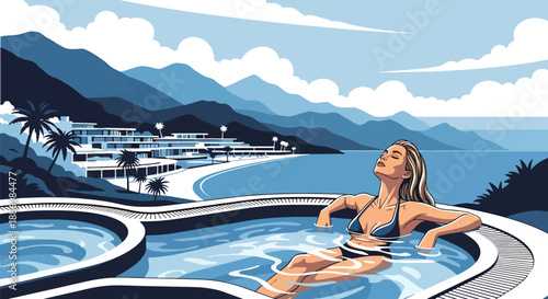 Vector illustration of a woman relaxing in a heated outdoor spa pool with ocean horizon, symbolizing luxury wellness lifestyle in flat vector style