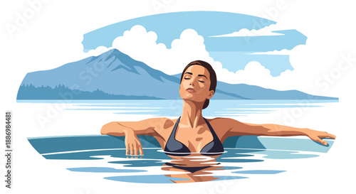 Vector illustration of a woman relaxing in a heated outdoor spa pool with ocean horizon, symbolizing luxury wellness lifestyle in flat vector style