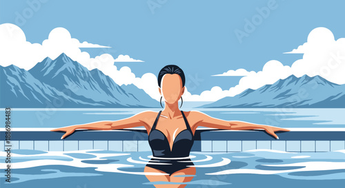 Vector illustration of a woman relaxing in a heated outdoor spa pool with ocean horizon, symbolizing luxury wellness lifestyle in flat vector style