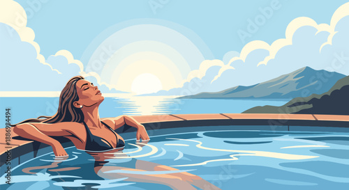 Vector illustration of a woman relaxing in a heated outdoor spa pool with ocean horizon, symbolizing luxury wellness lifestyle in flat vector style